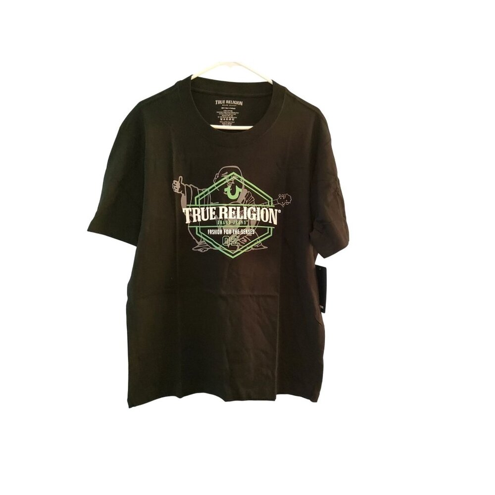 True Religion Mens Graphic T-Shirt Black Green Print Cotton Short Sleeve Casual